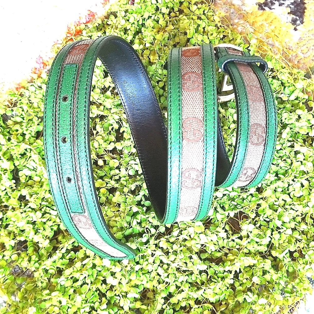 GUCCI Y2k MONOGRAM HTF Forest Green Leather Brown Canvas Luxury GG Buckle BELT - Picture 2 of 12